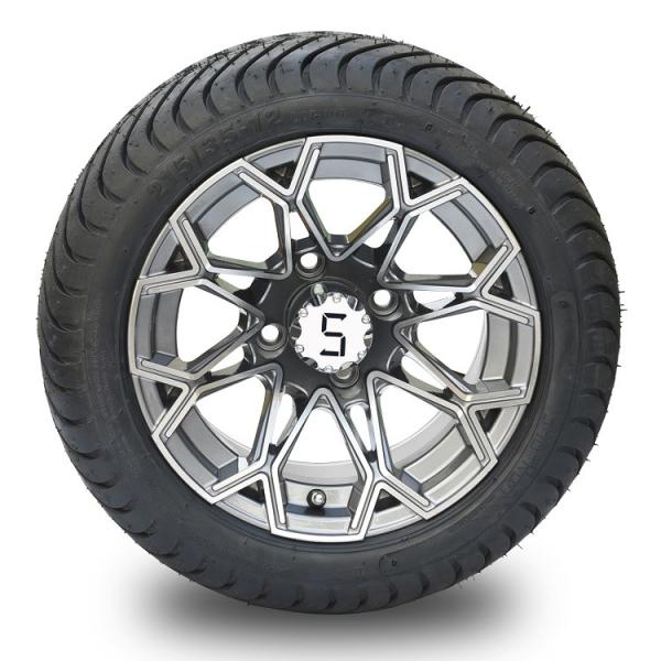12'' Machined/Gunmetal Golf Cart Wheels And 215/35-12 DOT Street Tires Assemblies