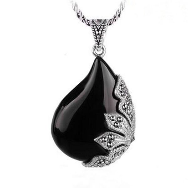 Vintage Jewelry 925 Silver Black Onyx  Marcasite Drop  Pendant Necklace 18 Inches (JA1674BLACK)