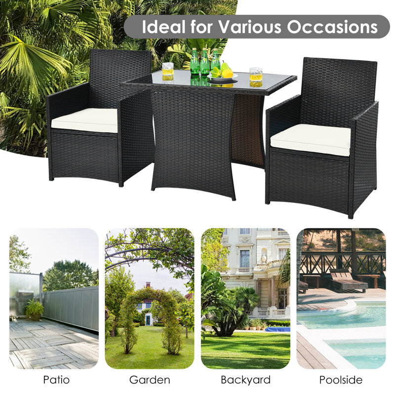 Commercial Outdoor Bistro Set with Powder-Coated Aluminum Frame and Handwoven PE Rattan Tempered Glass Tabletop