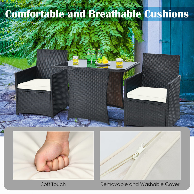 Commercial Outdoor Bistro Set with Powder-Coated Aluminum Frame and Handwoven PE Rattan Tempered Glass Tabletop