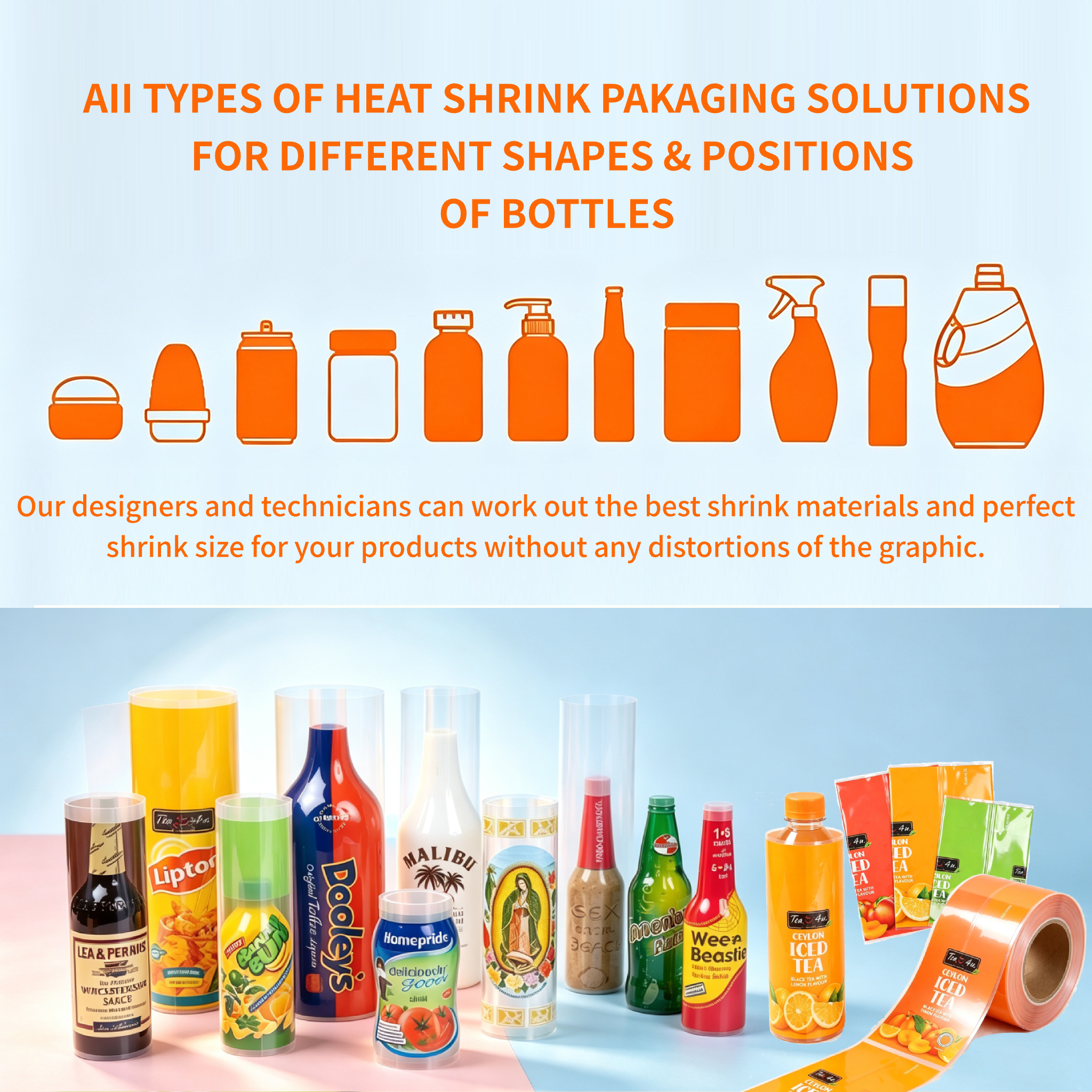 Custom PVC Shrink Sleeve Labels For Juice Bottles | Full Wrap Heat Shrink Film Label For Iced Tea Fruit Drink Plastic Bottle OEM Printing