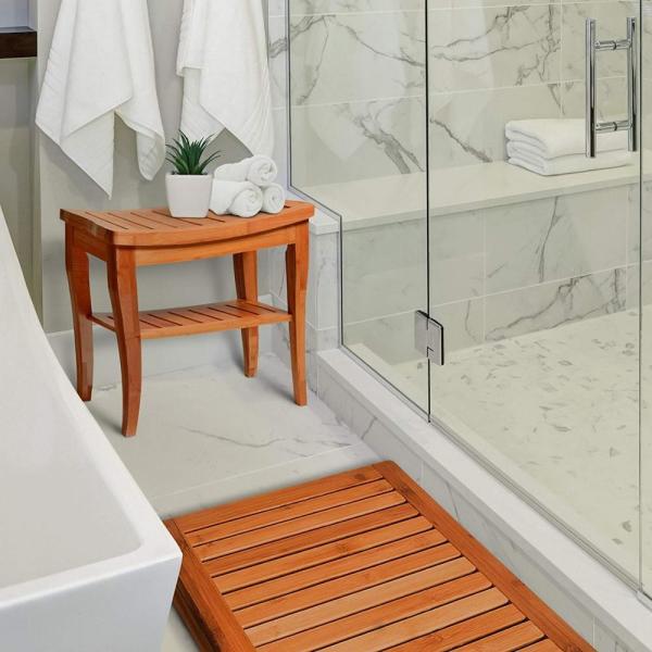 Durable Bamboo Bathroom Supplies Wood Shower Seat Bench With Bathroom Floor Mat