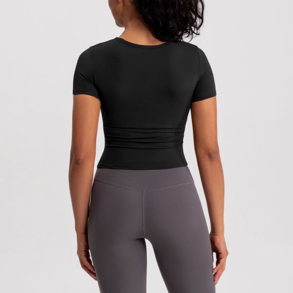 Short Sleeve Athletic Top Yoga Activewear Moisture Wicking Form Fitting Brown Breathable