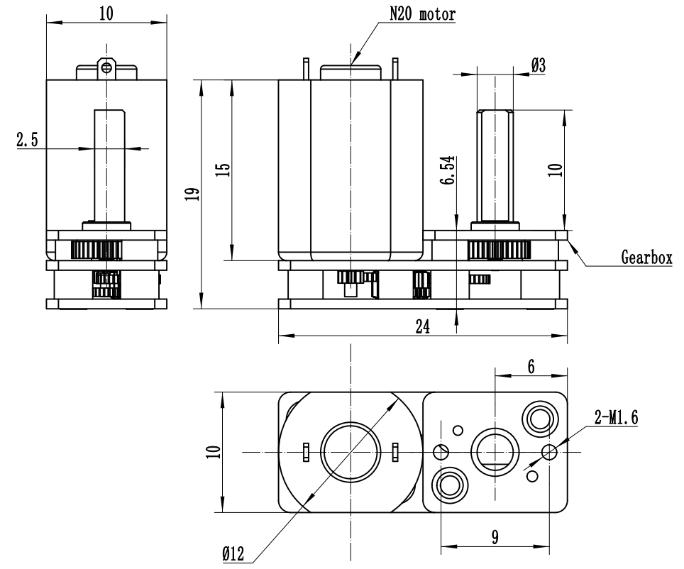 N20 DC motor escovado com caixa de velocidades 1024, eixo de saída pode ser personalizado
