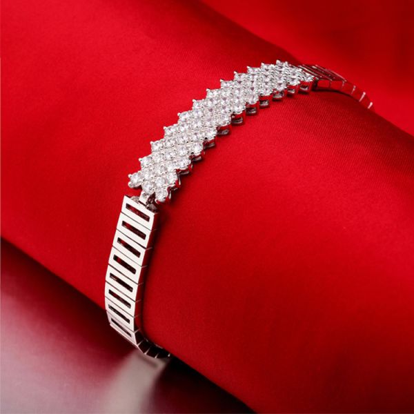 925 Silver Silver Link Bracelet   Clear Cubic Zircon Tennis Bracelet (YAQS005)