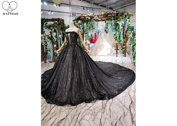Black Custom Beautiful Sparkly Prom Dresses Strapless Bust Hollow Shining Beads