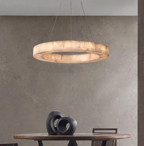 Custom European Modern Unique Circle Ring Lighting White Natural Led Alabaster Chandelier For Living Room Dining Room