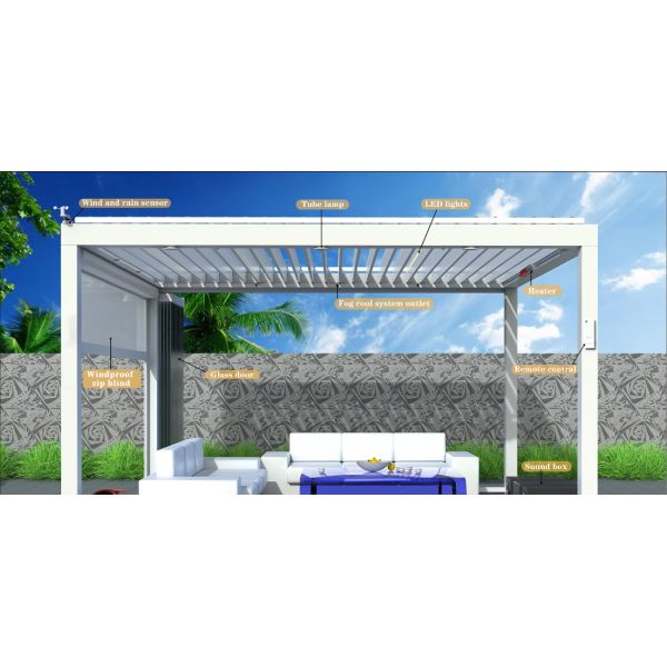 Windproof Zip Blinds and Glass Doors For Outdoor Louvered Electric Pergola