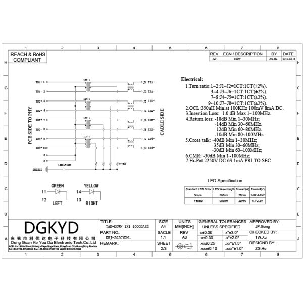 Right Angle Dip Modular Jack 8P8C Rj45 With Transformer Surface Mount