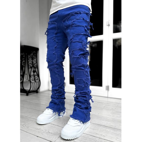 Street Style Men's Boot Cut Light Blue Damaged Tassel Applique Jeans Spandex/Cotton