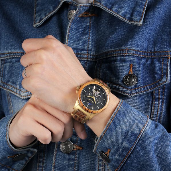 Наручные часы автоматических людей деревянного золота нержавеющей стали 18k делают водостойким