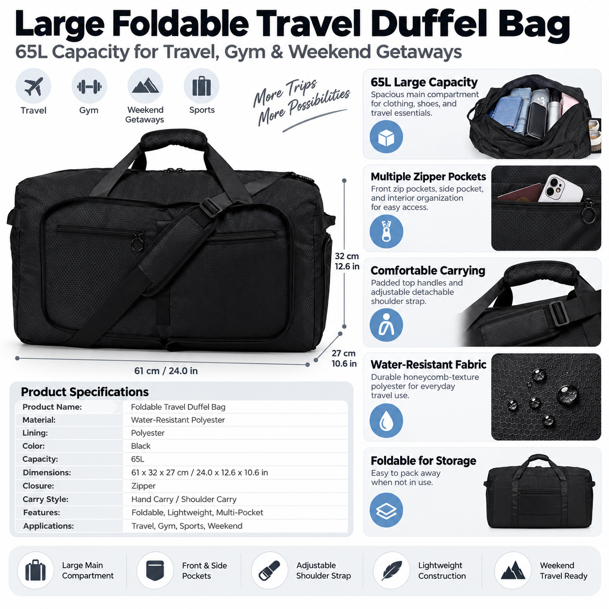 OEM ODM Large Foldable Travel Duffel Bag for Women & Men, Lightweight Weekender Carry On Bag with Spacious Storage for Airport Travel, Gym and Weekend Getaways