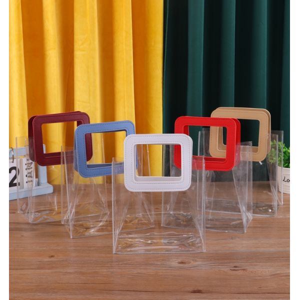 Leather Handle PVC Clear Transparent Tote Bag for Customized Logo Gift Packaging