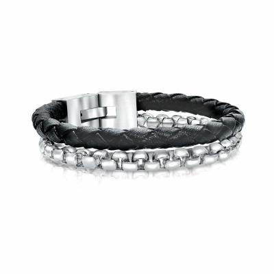 Bracelet à corde en cuir noir pour homme en acier inoxydable