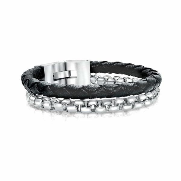Bracelet à corde en cuir noir pour homme en acier inoxydable