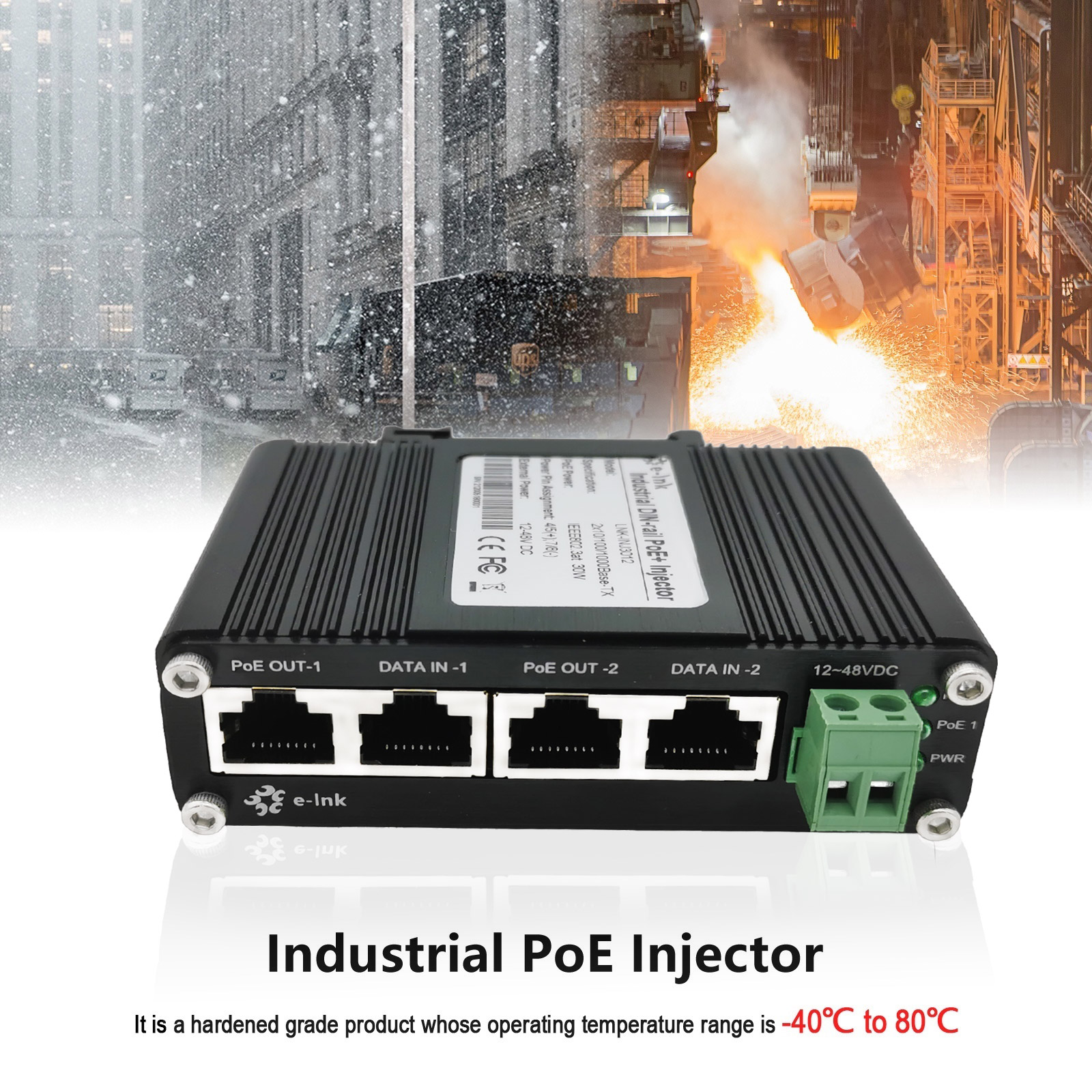 Порт рельса 12~48VDC 2 DIN инжектора Cat5 UTP PoE гигабита 8KV ESD 70W