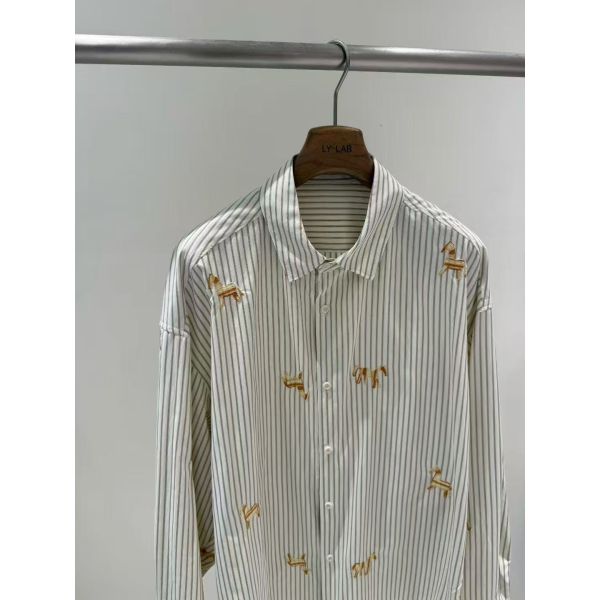 100% pure cotton breathable and moisture absorbing vertical stripe shirt with cute cartoon embroidery casual loose and fashionable women's top