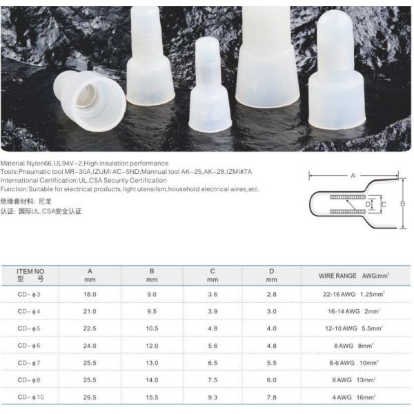 OEM Красная медь T2 99,6% закрытый конец терминала Красочный изолированный проволока сжатия соединителя трубы