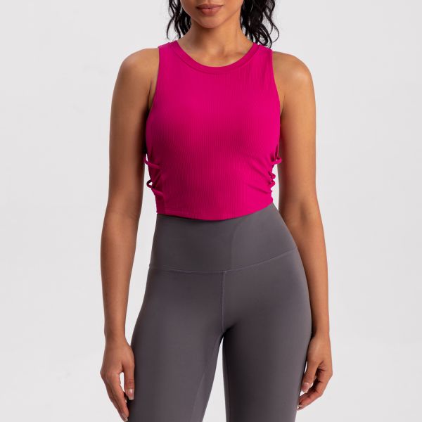 Women's Ribbed Knit Side Lace Up Yoga Cropped Tank Top Breathable Fuchsia