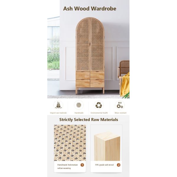 Wooden Wardrobe Closet Modern Rattan Clothes Storage Cabinet 2 Door Solid Wood 75*58*201cm