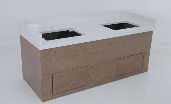 Commercial Hotel Oak Veneer Stained Bathroom Vanity With Wood Console