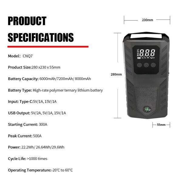 Portable Emergency Car Battery Jump Starterwith Rechargeable Design, LED Light, Warning Light & SOS Diesel Gasoline Automobile Jump Starters 22.2Wh 26.64Wh 29.6Wh Emergency Start Power Supply