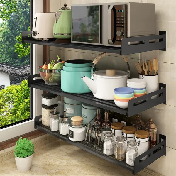 Wall Mount Microwave Oven Shelf Rack for Kitchen Home, Stainless Steel Counter Countertop Holder with 5 Sliding Hooks