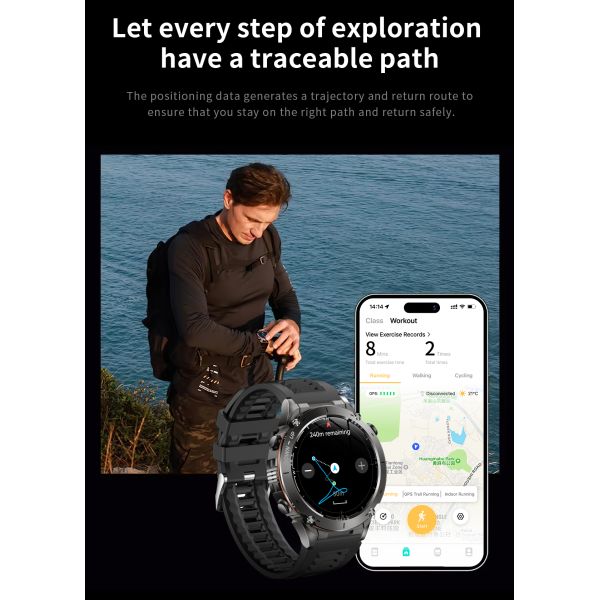Outdoors Y101 Smart Watch 1.43inch Amoled 730mAh GPS 3ATM Flashlight Air Pressure Altitude Sports Watches Men Smartwatch