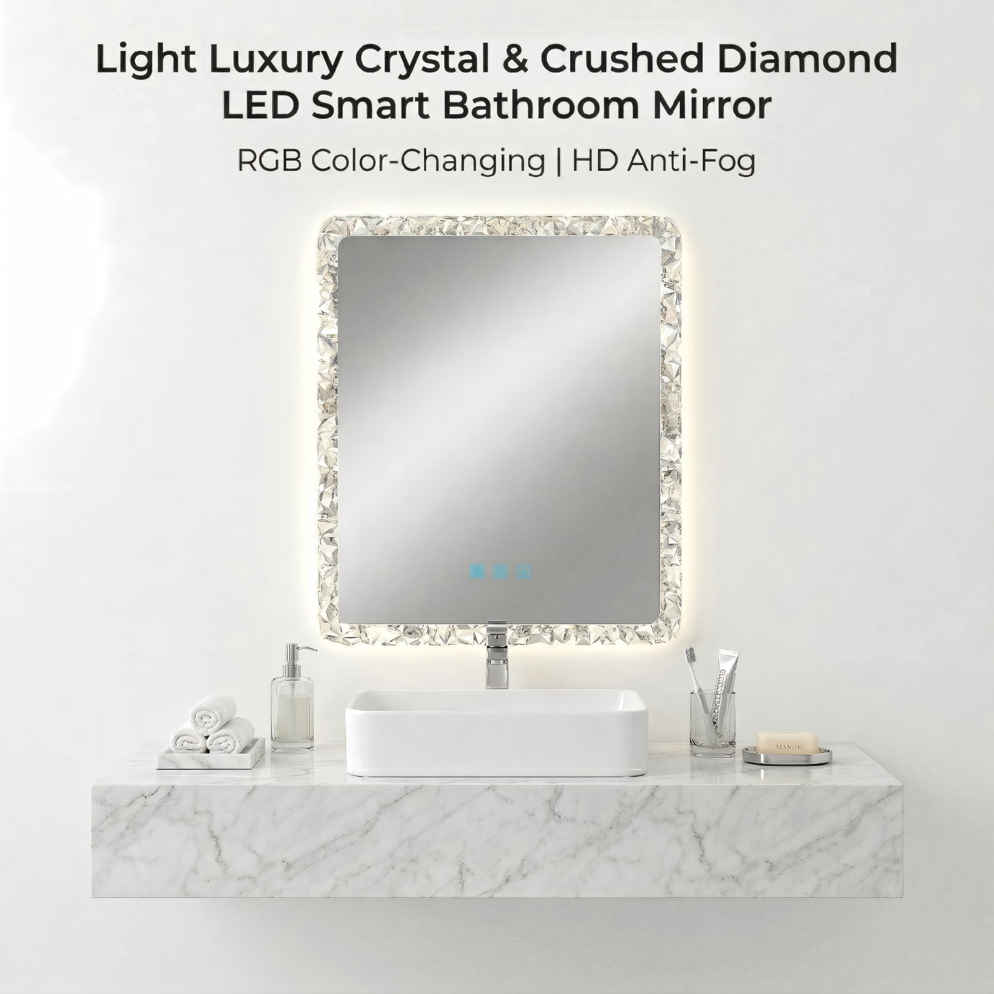 Kingstin Luxury Crystal LED Smart Mirror RGB Light Wall Mounted Bathroom Vanity Mirror Custom Size