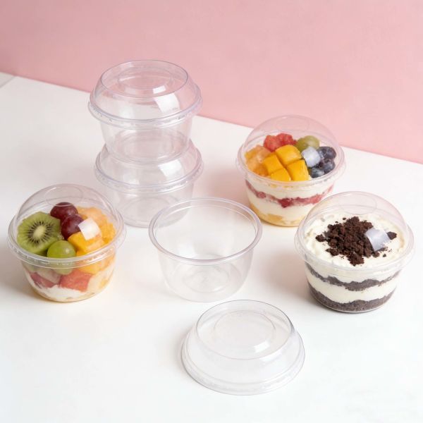 Disposable Custom Logo Dessert Cup PET Plastic Cups with Dome Lids