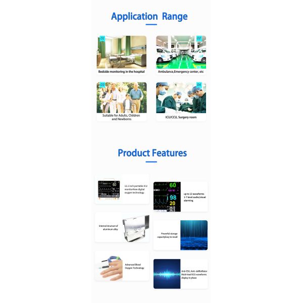 Moniteur patient multiparamétrique 12,1 pouces avec écran LCD TFT couleur haute résolution, analyse des arythmies et calcul ST