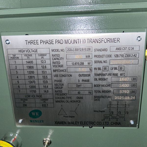 300Kva Three Phase Pad Mounted Transformer Oil Immersed Distribution 12870V To 208V ANSI IEEE Standards