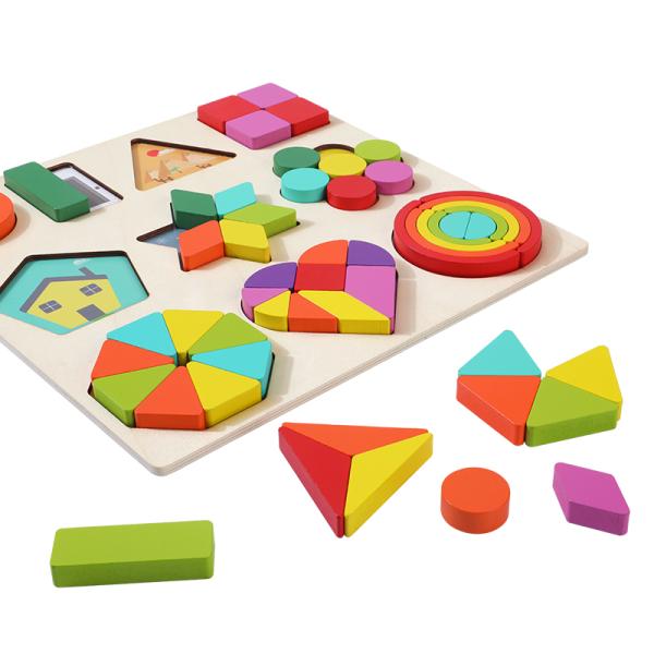 Wooden Classic Imagination Creative Fun Toys Colorful Shapes Sort Geometric 3D Puzzles for Kids