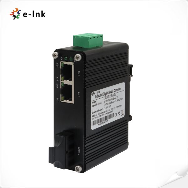 Elink Industrial Fiber Media Converter 1x100M SC + 2x10/100M Ethernet RJ45 90W PoE++ Media Converter