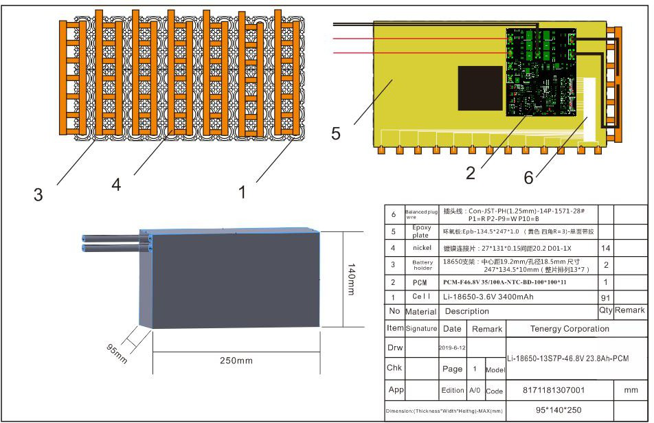 46.8V 23.8Ah Electric Motor Battery Pack / 13S7P Li 18650 Battery Pack