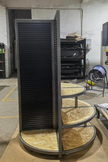 Multi Tiered Three Levels Custom Display Rack Modular Display Rack Black And Natural Color