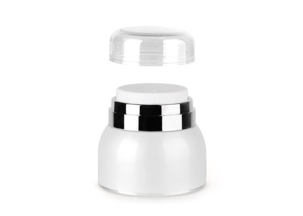 Elegant White Round Empty Cosmetic Jars Sanitary Dispenser Cap Metaillic Silver Shoulder