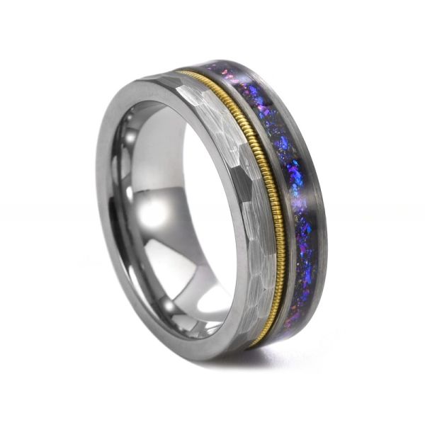 8mm Fashion Men's Guitar String Silver Tungsten Ring with Blue Sandstone Inlay Third Party Appraisal Diamond Shape Other
