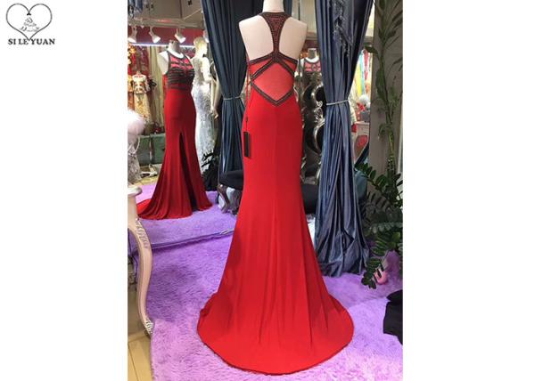 Red Mermaid Style Dress Slit Sleeveless Top Heavy Beading Back Hollow Fishtail