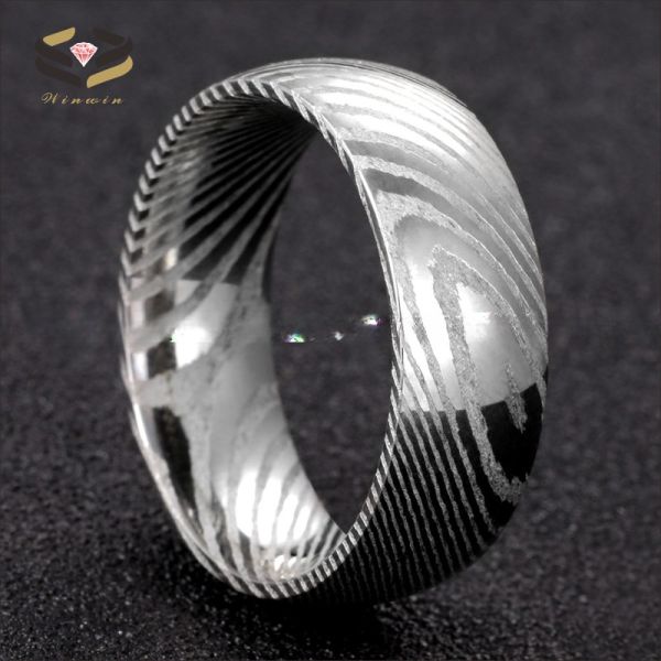 Simple Style 8mm Pure Damascus Steel Men's Wedding Ring with Black Plating