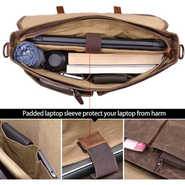 MENS MESSENGER BAG 15.6 INCH WATERPROOF VINTAGE GENUINE LEATHER WAXED CANVAS BRIEFCASE LARGE SATCHEL SHOULDER BAG