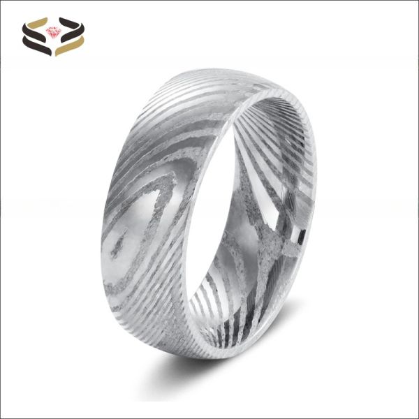 Simple Style 8mm Pure Damascus Steel Men's Wedding Ring with Black Plating