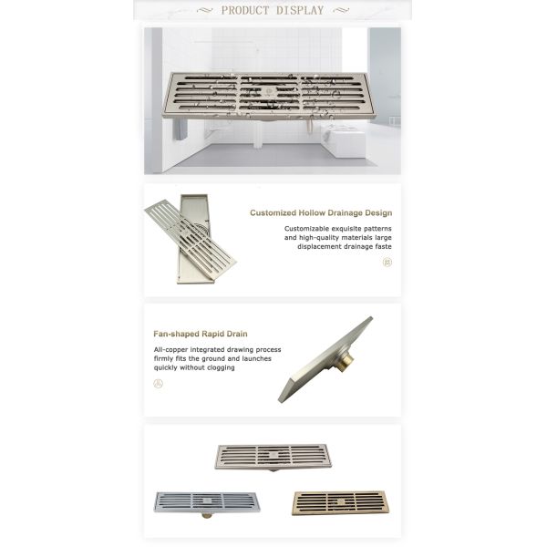 Hotel Bathroom Basin Long Floor Drain with Antique Design Style and Strainer Mat