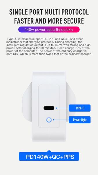 AUプラグ 140W USB-C ウォールチャージャー – ラップトップ、タブレット、スマートフォン、Type-Cデバイス用ハイパワー2ピンアダプター (100–240V入力)