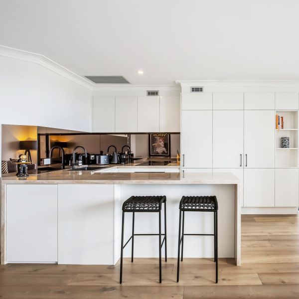 TUV Handless PVC Kitchen Cabinet White Matt Lacquer Finish