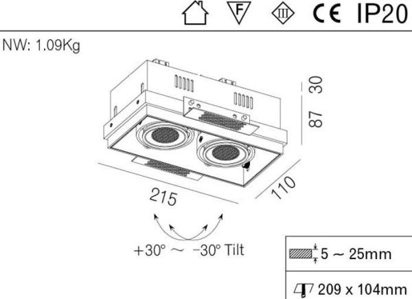 14W 37V COB LED Squera Trimless Adjustable Recessed Down Light Double Head Recessed Downlight