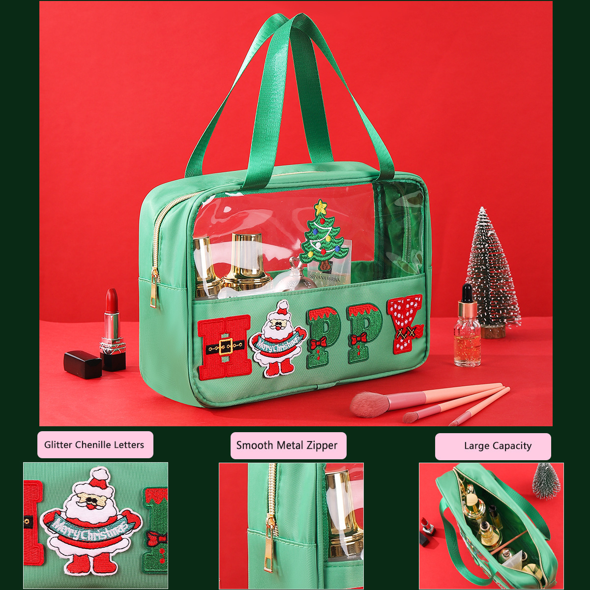 Large Capacity Cosmetic Bag With Festive Embroidered Letter And Customized Design
