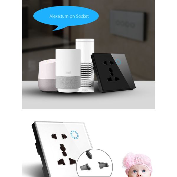 Smart Wifi Uk Standard Universal Wall Socket With Touch Glass Panel Compatible Uk Plug With Alexa&google