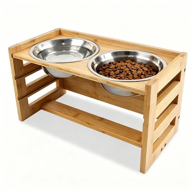 Height Adjustable Bamboo Elevated Dog Bowls Raised Pet Feeder Stand