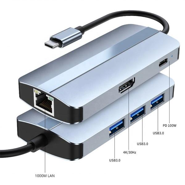 USB C type C entrée mâle 6 en 1 hub avec 4K HD HDMI USB 3.0 2.0 RJ45 Lan Ethernet OEM